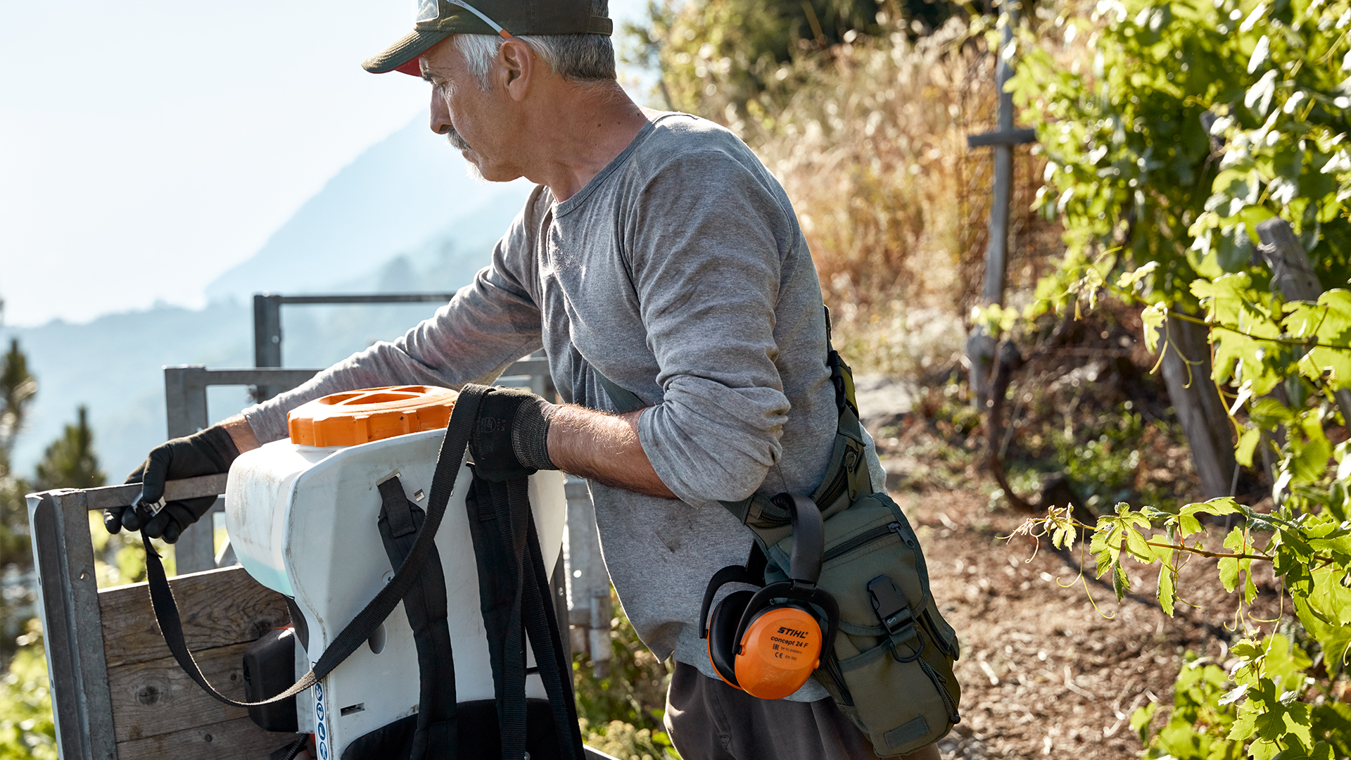 Un hombre descarga el atomizador de gasolina STIHL SR 200 y los accesorios en el viñedo