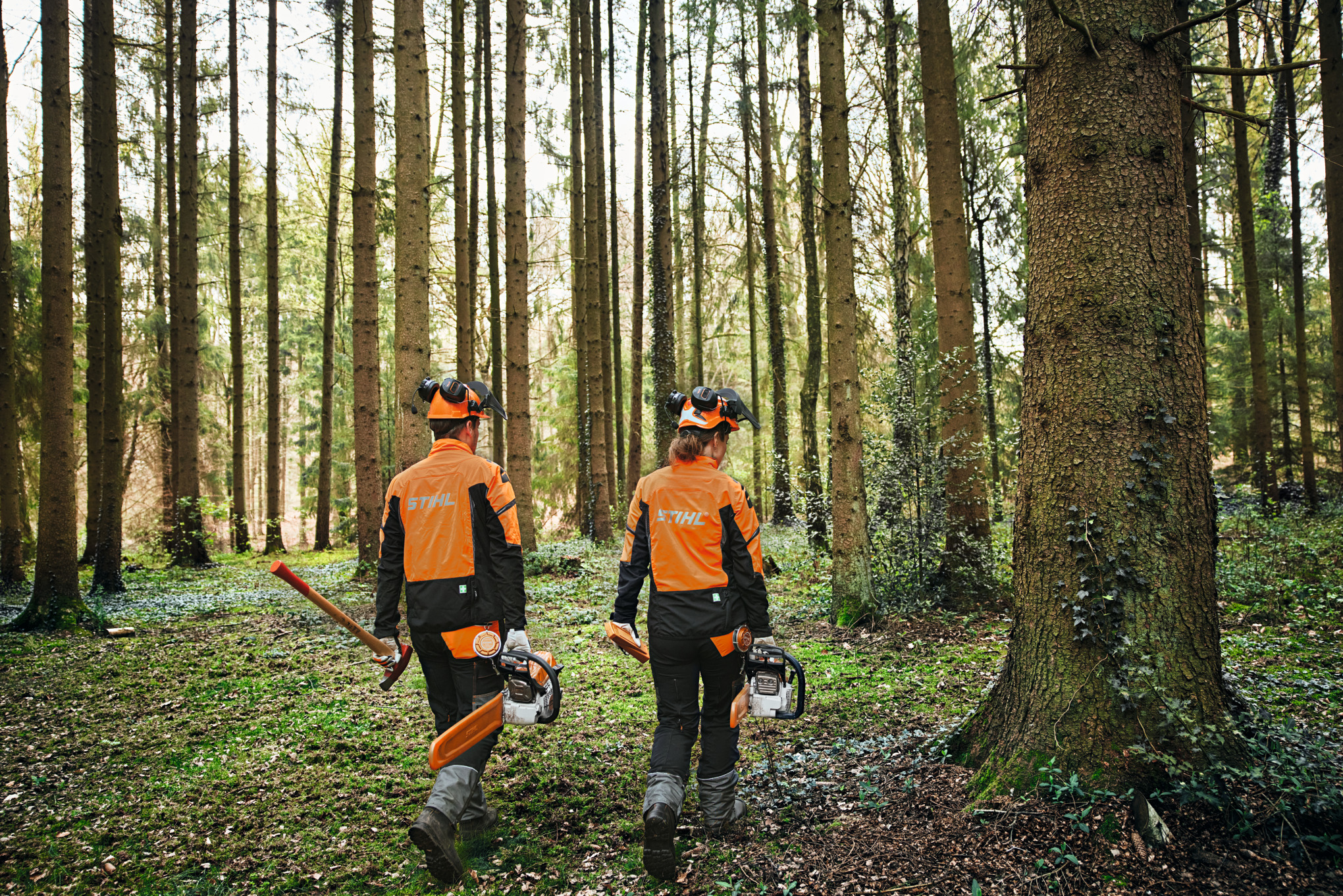 Dos personas en el bosque con equipo de protección con motosierras y hacha.